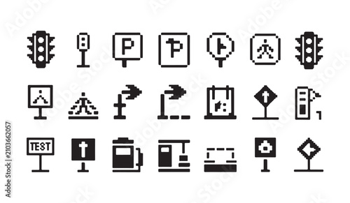 Obraz na płótnie Collection of pixel art style road signs and traffic management symbols for wayfinding and navigation systems