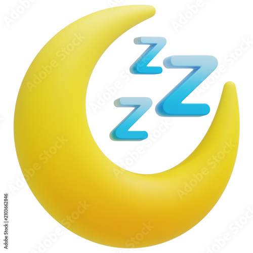 Fotografía 3D Yellow Crescent Moon With Zzz Symbols Side View