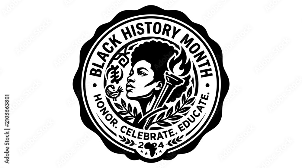 Fototapeta premium Black History Month 2024 Commemorative Circular Seal Emblem with African American Woman Portrait and Torch.
