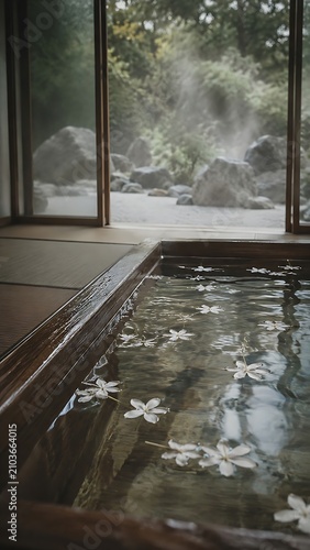 Wooden Bath Filled With Water and Flowers Near Open Window