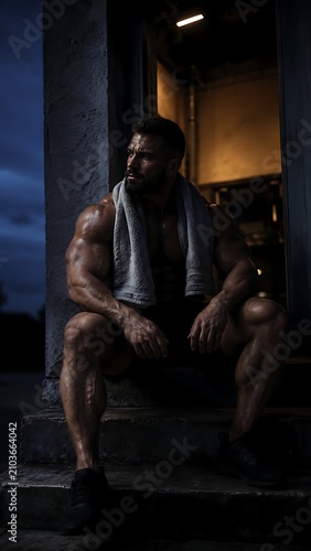 Man Sitting on Steps With Towel After Workout in Evening Light