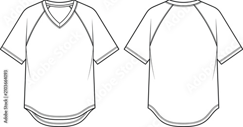 Cuadro en lienzo Technical fashion flat sketch of short sleeve raglan v-neck t-shirt with curved