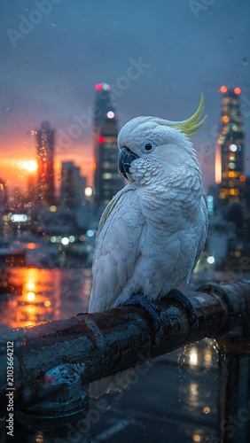 Cockatoo Perches on Railing During Sunset in City Environment