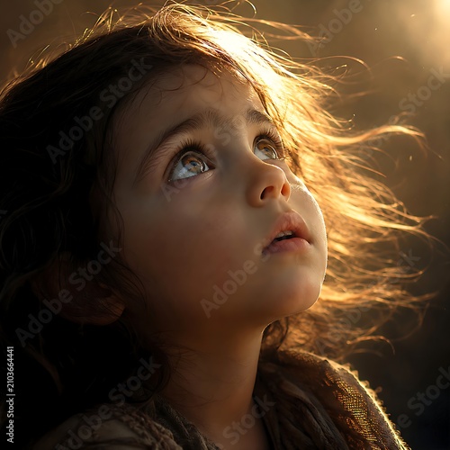 Girl With Flowing Hair Looks up Towards Soft Light in Nature