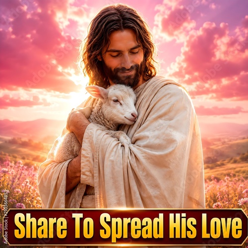 Man Holds Sheep in Sunset Light Surrounded by Hills and Flowers