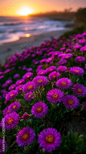 Flowers Bloom by the Beach During Sunset on a Warm Evening