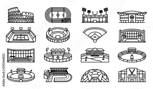 Sports stadium line icons set with athletic arena architecture and stadium facades for various sports events in linear vector style