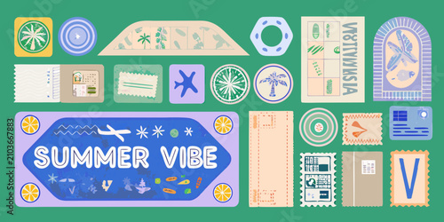 Quadro su tela travel stickers in colorful retro style on green background design summer vibe p