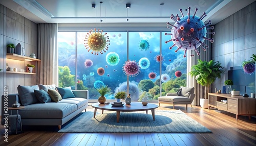 A modern living room with colorful virus particles floating near a large window overlooking trees
