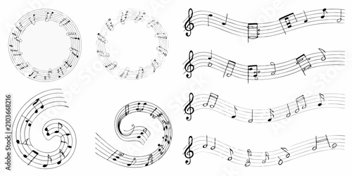 Schilderij op canvas musical notes on staffs in elegant black and white line art music notation clef