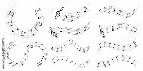 Cuadro en lienzo musical notes on wavy staffs black and white line art music notation clef quaver