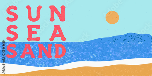 Photography beach landscape illustration with retro textured ocean waves and sandy shore sea