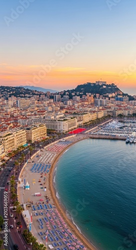 Aerial view of Nice France Promenade des Anglais at sunset.