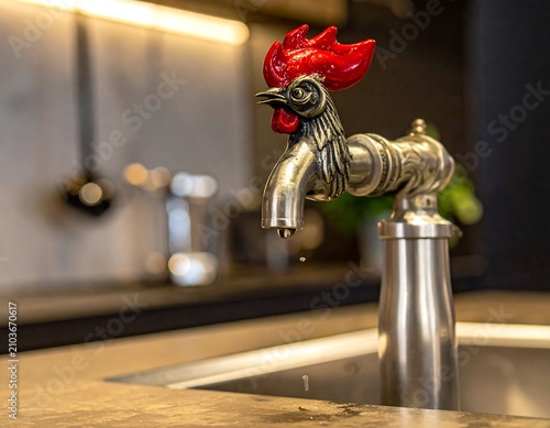A modern kitchen sink with a unique faucet resembling a rooster