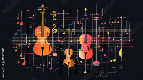 Abstract music background featuring a classical guitar and vintage string instruments like a violin and cello with musical notes and melody waves