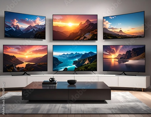 A modern living room with six identical wall-mounted screens displaying serene landscapes, a sleek coffee table, and a minimalist aesthetic