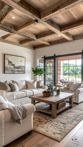 A modern living room with rustic wooden ceiling beams and large windows