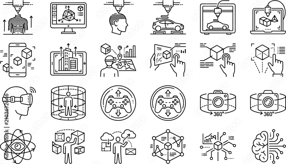 Fototapeta premium 3D printing and virtual reality line icons set vector illustration of futuristic manufacturing technology