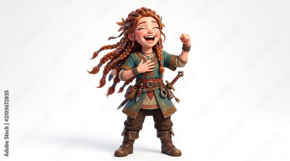 Fototapeta premium Cheerful Young Female Warrior Celebrating Victory in Fantasy Setting