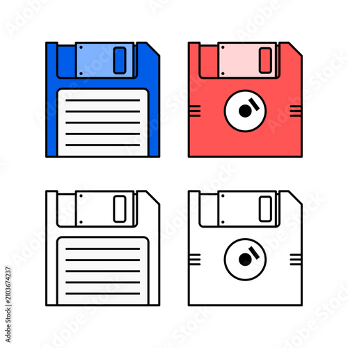 Floppy Disk and Retro Save Icon Set, Colorful and Black and White Vintage Diskette Flat Illustration