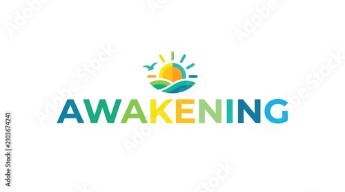 Logo with text AWAKENING and a sunrise graphic over waves and a bird