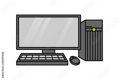 Desktop Computer Station and Personal PC Set with Monitor Keyboard Mouse and CPU Tower Flat Illustration