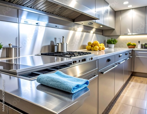 A modern kitchen with stainless steel appliances and a blue towel on the countertop