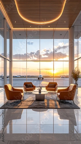 A modern, luxurious interior space with a stunning sunset view through floor-to-ceiling windows, showcasing a sleek seating area and polished floor