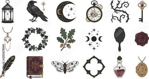 Mystical vintage illustration collection featuring occult objects, enchanted symbols, and magical nature elements for fantasy design projects