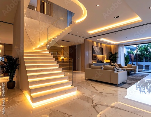A modern, luxurious interior with a curved staircase and a spacious living room