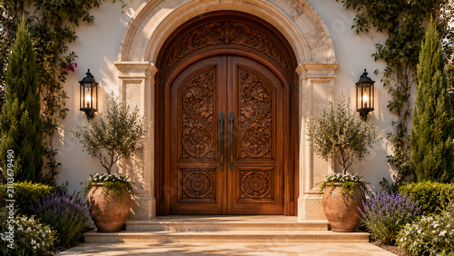 Luxury Mediterranean Style Carved Teak Wood Double Entrance Door with Stone Arch on Elegant Villa Exterior