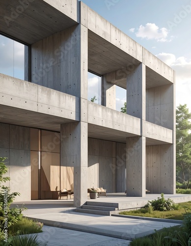 A modern, minimalist concrete house with large windows and a sleek design surrounded by lush greenery