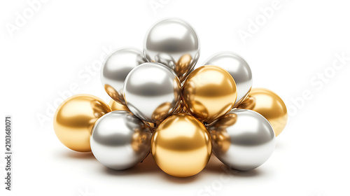 Elegant Christmas decoration featuring shiny gold and blue glass ball ornaments with luxury pearl beads and fashion jewelry accessory on an isolated background