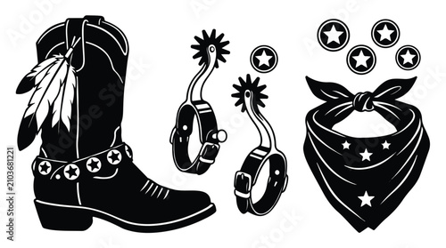 Western-themed cowboy accessories include a stylish boot, spurs, and a bandana that convey a sense of adventure.