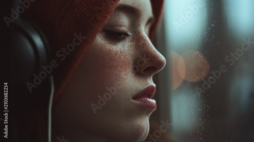 Close-up of a young woman with freckles wearing headphones looking out a window in a contemplative