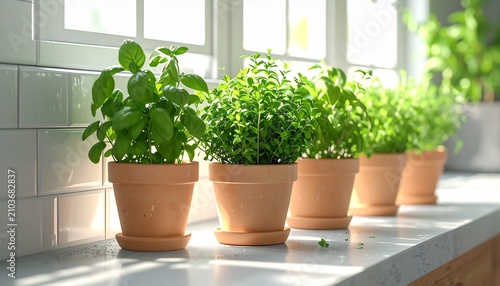 Potted herbs on a windowsill, a healthy and fresh addition to any kitchen