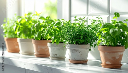 Fresh green herbs growing in terracotta pots on a sunlit windowsill for indoor home gardening