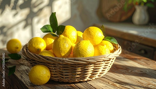 Vibrant yellow lemons in a rustic woven basket, bathed in golden sunlight on a natural wooden table, creating a warm and fresh kitchen scene