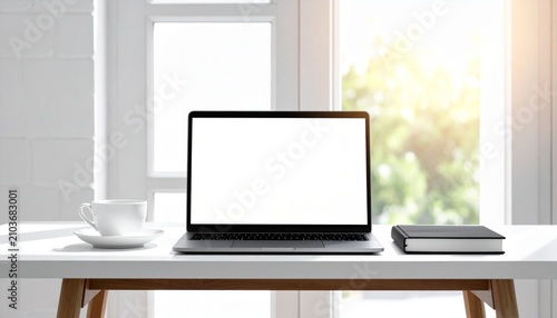 Mockup of blank screen laptop on white wooden table with coffee cup and notebook in bright modern office workspace