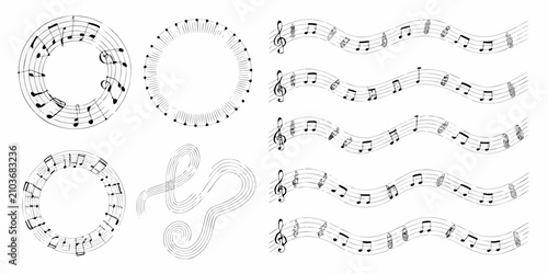 Schilderij op canvas musical notes on staffs in black and white line art music notation clef quavers