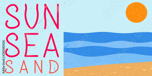 Canvas Print beach landscape illustration with retro textured waves and sun sea sand sky blue