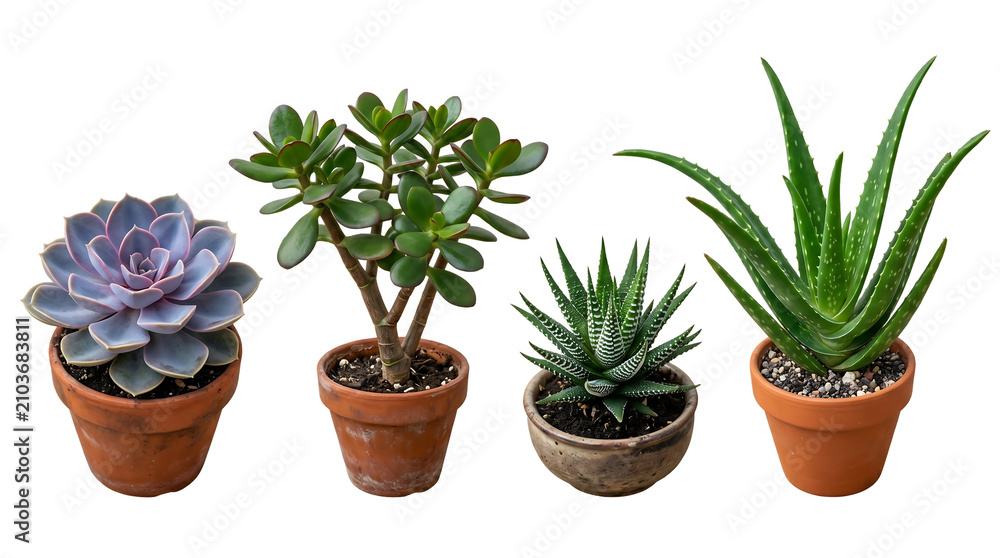 Fototapeta premium Collection of potted succulent plants on a transparent background