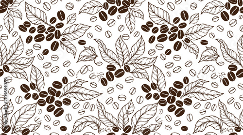 Bilde på lerret Coffee bean plant pattern featuring hand-drawn coffee berries and leaves beverag