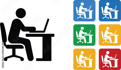 Minimalist black icon of a person sitting at a desk working on a laptop computer screen