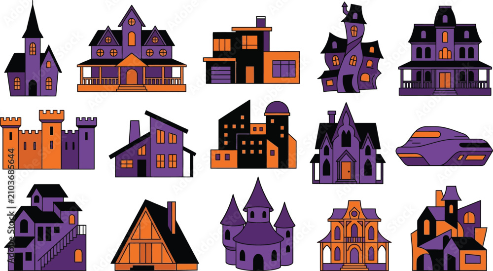 Naklejka premium Spooky Halloween houses and buildings in purple and orange for festive designs
