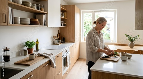 Woman preparing food in kitchen.