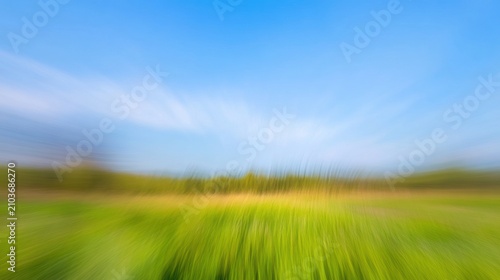 Blurry green grass field under a bright blue sky