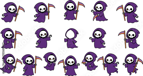 Cute cartoon grim reaper stickers in various poses for Halloween designs