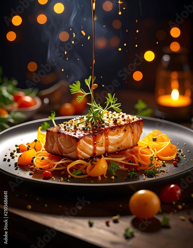 Delicious grilled salmon with sauce.