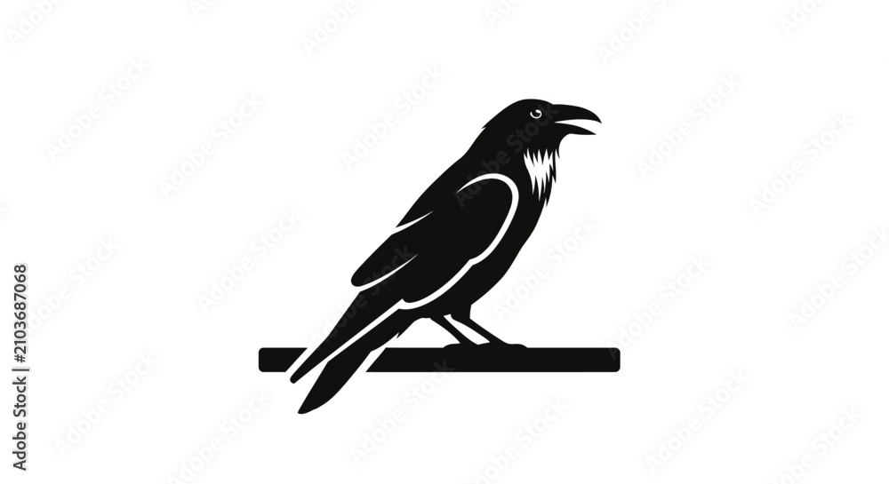 Fototapeta premium A black silhouette of a raven or crow perched on a branch with its beak open, set against a plain white background.